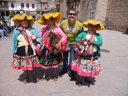 Paul with the ladies and the llamas